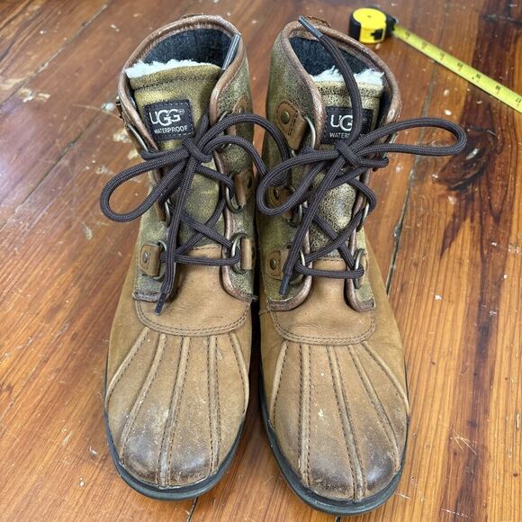 UGG Cecile Brown Waterproof Leather Ankle Duck Boots Fur Felt Lined Size 7 - Picture 5 of 9